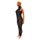 Solid See Through Lace Sleeveless Bodycon Jumpsuit LX-6928