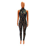 Solid See Through Lace Sleeveless Bodycon Jumpsuit LX-6928