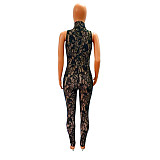 Solid See Through Lace Sleeveless Bodycon Jumpsuit LX-6928