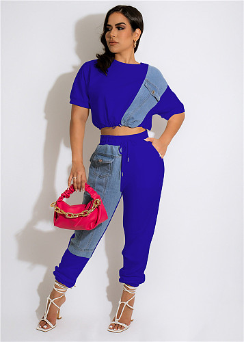Denim Patchwork Crop Top T-Shirt Jogger Pants Outfits MEM-88435