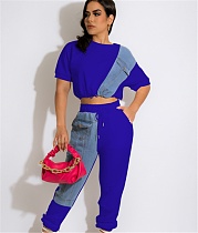 Denim Patchwork Crop Top T-Shirt Jogger Pants Outfits MEM-88435