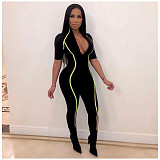 Short Sleeve Front Zipper Bodycon Gym Jumpsuit ORY-5091-1