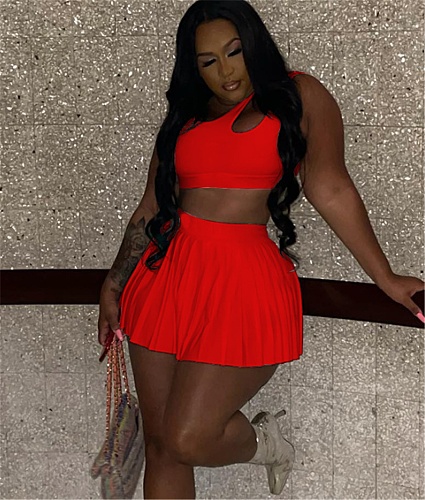 Sleeveless Crop Top Pleated Skirt Two Piece Set MEI-9255