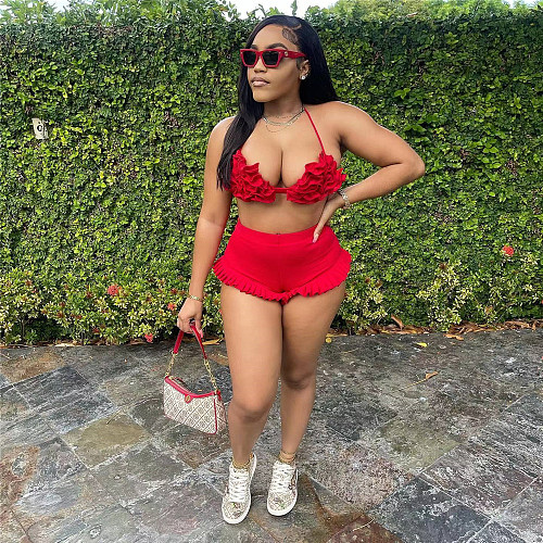 Halter Bandage Bra Ruffles High Waist Shorts Bikini Set NIYA-8111