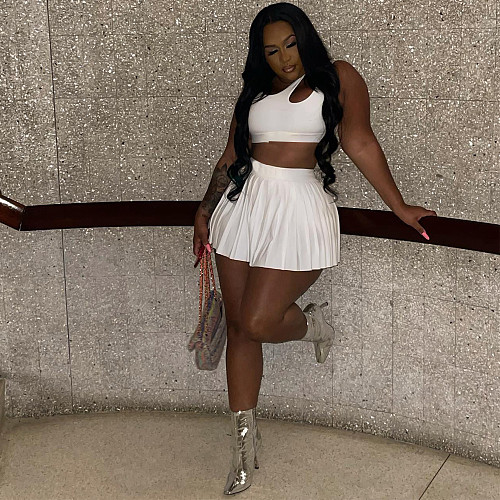 Sleeveless Crop Top Pleated Skirt Two Piece Set MEI-9255