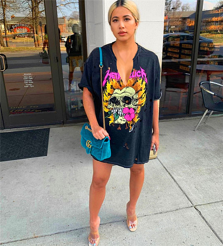 Hip Hop Short Sleeve Print Hole Loose Fitting T Shirt MDF-5313