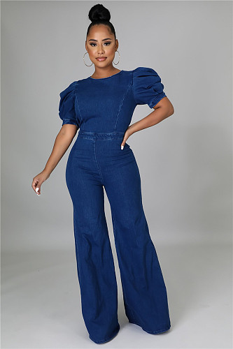 Short Puff Sleeve Backless Zipper Denim Flare Jumpsuit LA-3289