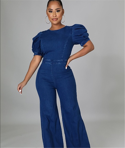 Short Puff Sleeve Backless Zipper Denim Flare Jumpsuit LA-3289