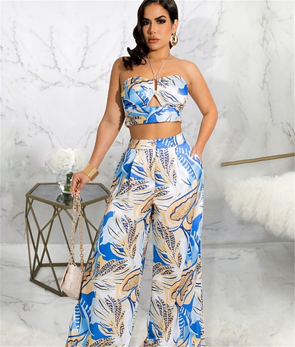 Bandage Halter Crop Tops Wide Leg Pants 2 Piece Sets JLY-19346