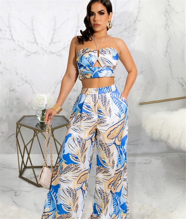 Bandage Halter Crop Tops Wide Leg Pants 2 Piece Sets JLY-19346