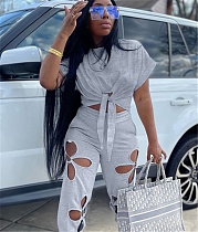 Tie Up Short Sleeve Crop Top+Hole Sweatpants Suit JINGJ-6067