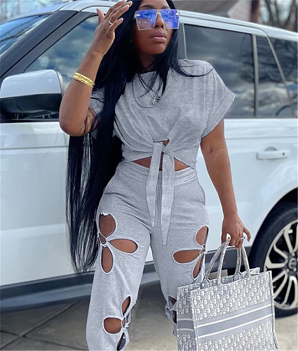 Tie Up Short Sleeve Crop Top+Hole Sweatpants Suit JINGJ-6067