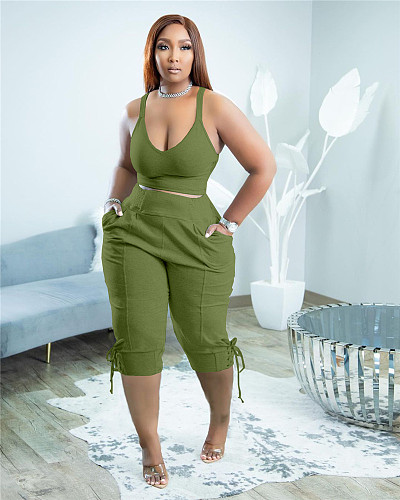 Sleeveless Tank Crop Tops Calf Length Pants Tracksuit TK-6239