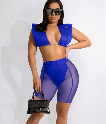 Lace Up Sleeveless Vest Crop Top Sheer Mesh Shorts Suit AL-284