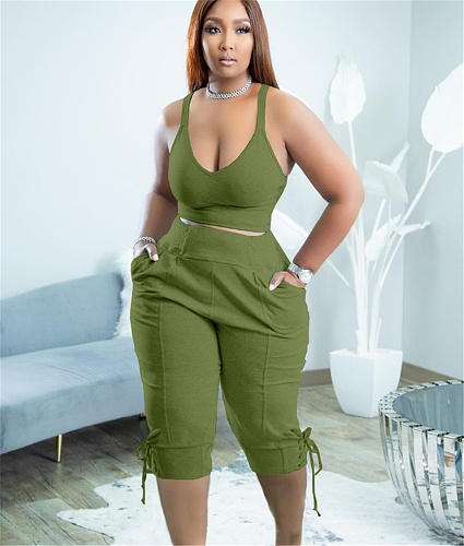 Sleeveless Tank Crop Tops Calf Length Pants Tracksuit TK-6239