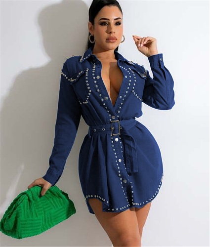 Hot Rhinestones Single-breasted Denim Coat with Sashes LA-3307