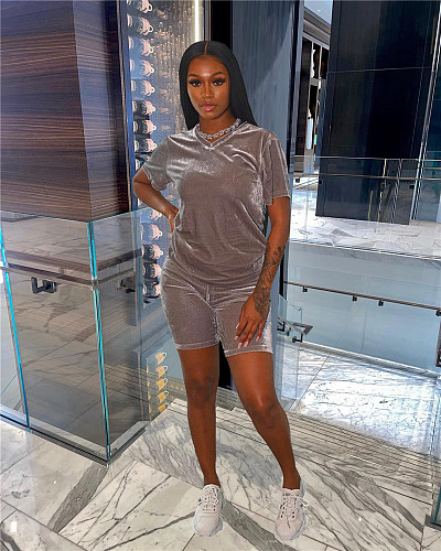 Velvet Short Sleeve T-Shirt High Waist Shorts Set FNN-8673