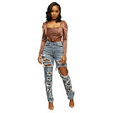 High Waist Streetwear Ripped Hole Jeans Pants LX-5515