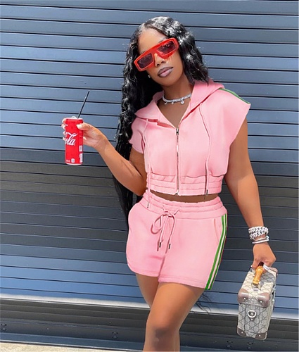 Zipper Hooded Short Sleeve Crop Top+Shorts Sets ASL-6579