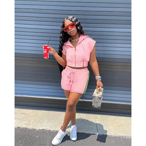 Zipper Hooded Short Sleeve Crop Top+Shorts Sets ASL-6579