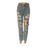 High Waist Streetwear Ripped Hole Jeans Pants LX-5515