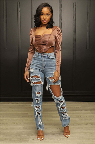 High Waist Streetwear Ripped Hole Jeans Pants LX-5515