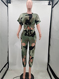 Camo Print Short Sleeve Crop Tops Hole Pencil Pants Suit TK-6240