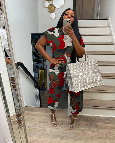 Camo Print Short Sleeve Crop Tops Hole Pencil Pants Suit TK-6240