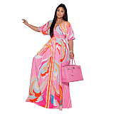 V Neck Print Holiday A-line Short Sleeve Maxi Dresses ZS-0479