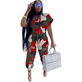 Camo Print Short Sleeve Crop Tops Hole Pencil Pants Suit TK-6240
