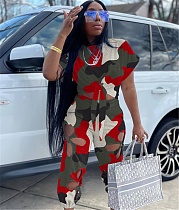 Camo Print Short Sleeve Crop Tops Hole Pencil Pants Suit TK-6240