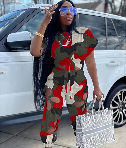 Camo Print Short Sleeve Crop Tops Hole Pencil Pants Suit TK-6240
