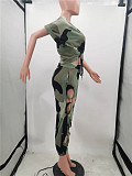 Camo Print Short Sleeve Crop Tops Hole Pencil Pants Suit TK-6240