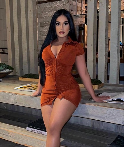 Velvet Solid Buttons Short Sleeves Bodycon Dresses MUX-6098