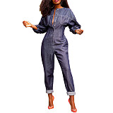 Long Sleeve Pocket Button Loose Denim Jumpsuit MK-3091