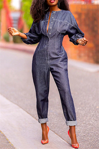 Long Sleeve Pocket Button Loose Denim Jumpsuit MK-3091