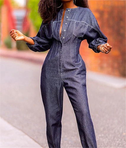 Long Sleeve Pocket Button Loose Denim Jumpsuit MK-3091