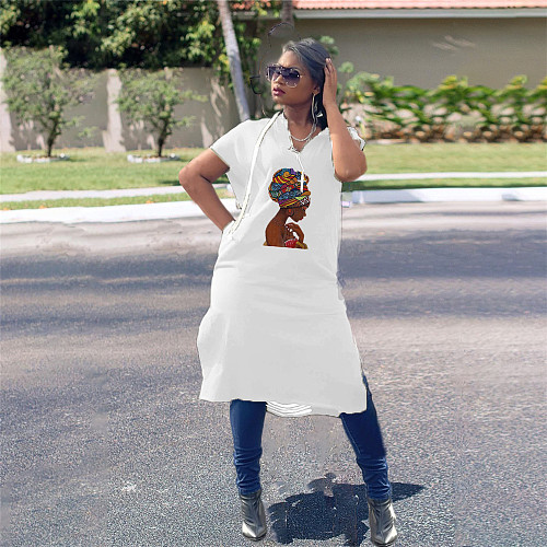 Short Sleeve Hooded Back Cut Out Loose Casual Dress SD-20404-1