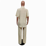 Pleated Notched Loose Shirts+Wide-Leg Pants Sets MEM-88439