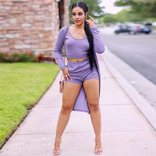 Ribbed Tank Top Long Sleeve Cardigan Coat Shorts Set GLS-10104