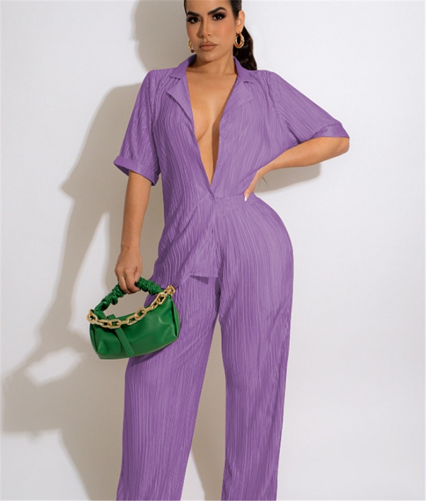 Pleated Notched Loose Shirts+Wide-Leg Pants Sets MEM-88439