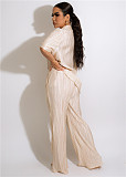 Pleated Notched Loose Shirts+Wide-Leg Pants Sets MEM-88439