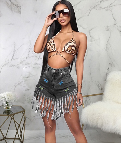Butterfly Embroidery Fringe Tassel Denim Shorts HSF-2374