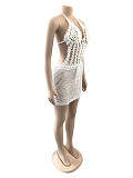 Crochet Knitted Halter Lace Up Backless Beach Dress OSM-4356