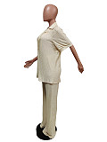 Pleated Notched Loose Shirts+Wide-Leg Pants Sets MEM-88439