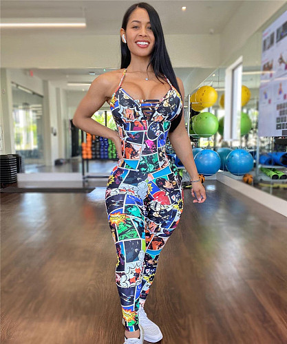 Cartoon Print Backless Bodycon Fitness Jumpsuit LM-8319