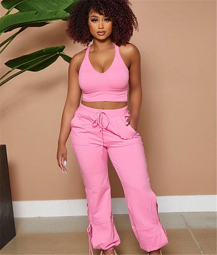 Solid Crop Top Tanks Loose Lace Up Sweatpants Tracksuit SFY-2167
