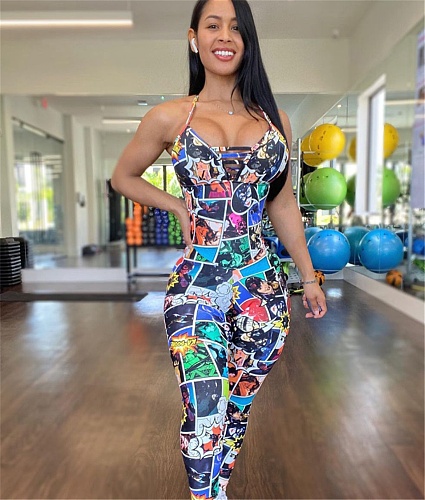 Cartoon Print Backless Bodycon Fitness Jumpsuit LM-8319
