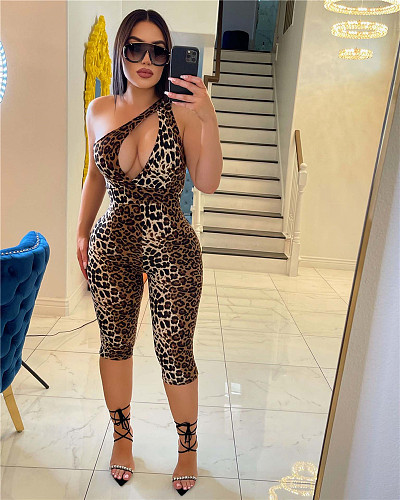 Leopard Print One Shoulder Sleeveless Cut Out Rompers WSM-5313