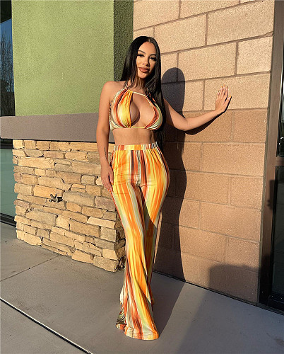 Tie Dye Halter Crop Top and Flared Pants Matching Suit ZAND-31209